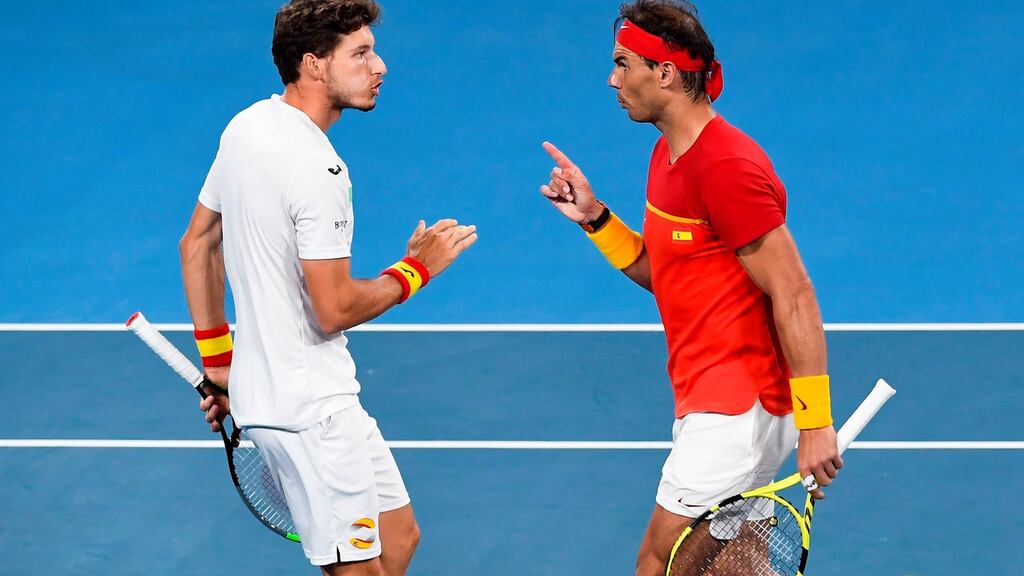 Spain’s Pablo Carreno Busta and Rafael Nadal celebrate winning their men’s double match against Sander Gille and Joran Vliegen of Belgium at the ATP Cup tennis tournament in Sydney on Friday. Photograph: William West/AFP via Getty Images