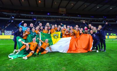 Ireland celebrate qualifying for the World Cup after beating Scotland in October. Photograph: Ryan Byrne/Inpho