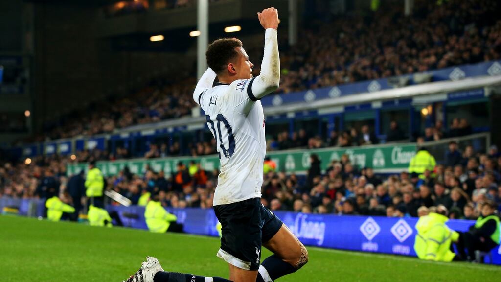 Delle Alli’s brilliant equaliser earned Spurs a point at Goodison Park. Photograph: Getty