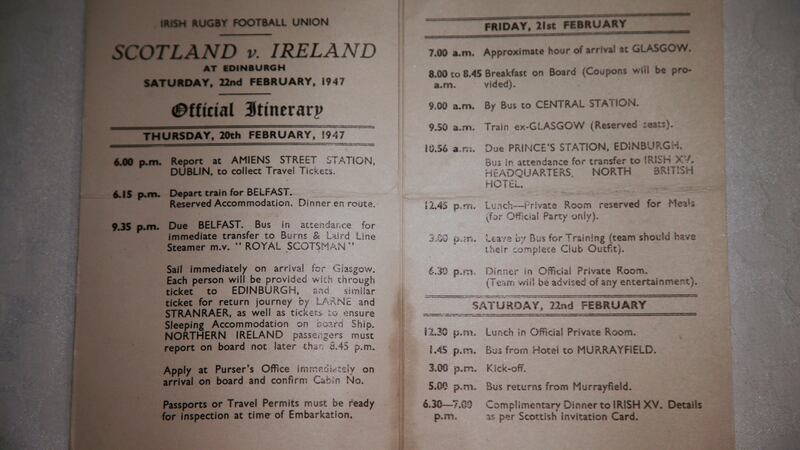 Players’ itinerary for the Ireland match against Scotland in the 1947 Five Nations. The material is held by is Barney Mullan’s daughter Alison Fergusson. Photograph: Nick Bradshaw