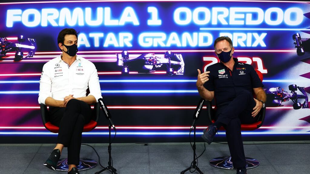 Mercedes GP executive director Toto Wolff and Red Bull Racing team principal Christian Horner at a press conference during practice ahead of the Qatar Grand Prix at Losail International Circuit in Doha. Photograph: Dan Istitene/Getty Images
