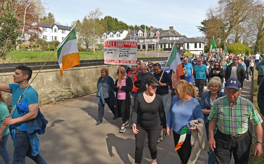 People gathered at the Twin Trees Hotel Ballina as the ‘Ballina Says No’ campaign held a public protest over plans to accommodate International Protection Applicants in the Hotel. Photograph: Conor McKeown for The Irish Times