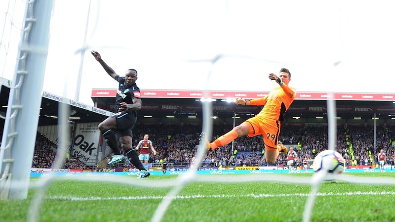 West Ham United’s Michail Antonio scores their first goal past Burnley goalkeeper Nick Pope during the Premier League game at Turf Moor. Photograph: Peter Powell/Reuters