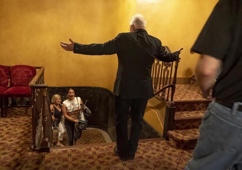 Jim Barry welcomes audience members back to St James Theatre. Photograph: Sara Krulwich/The New York Times