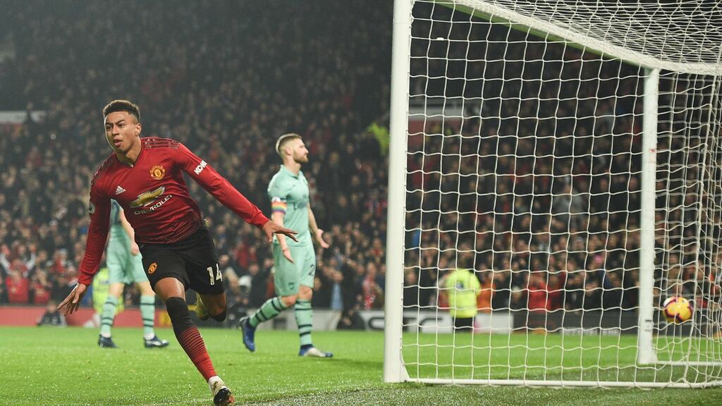 Manchester United’s Jesse Lingard celebrates scoring their second goal during the 2-2 Premier League draw with Arsenal at Old Trafford. Photo: OliScarff/Getty Images