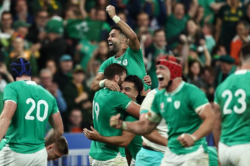 Ireland's scrumhalf Conor Murray celebrates the victory with team-mates. Photograph: Franck Fife/Getty Images