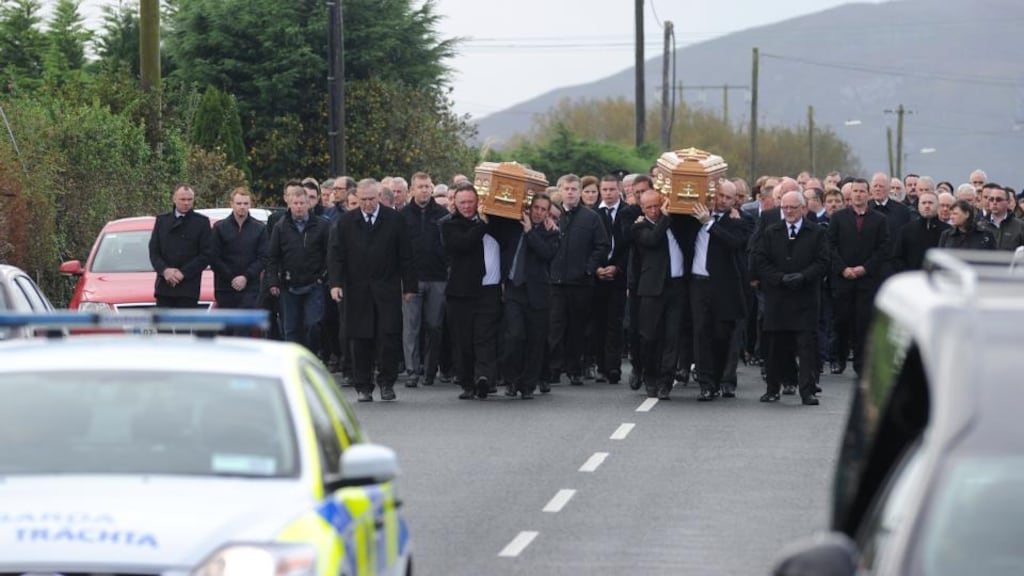 The funeral of Kathleen and Jimmy Cuddihy en route to the Church of the Sacred Heart in Carndonagh, Co Donegal. Photograph: Trevor McBride