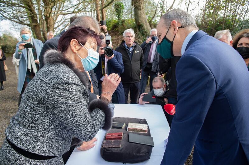 COLLINS DIARIES: Helen Collins, grandniece of independence leader Michael Collins, and Taoiseach Micheál Martin, at the official handover of Collins's diaries to the National Archives, at Woodfield, Clonakilty, Co Cork.