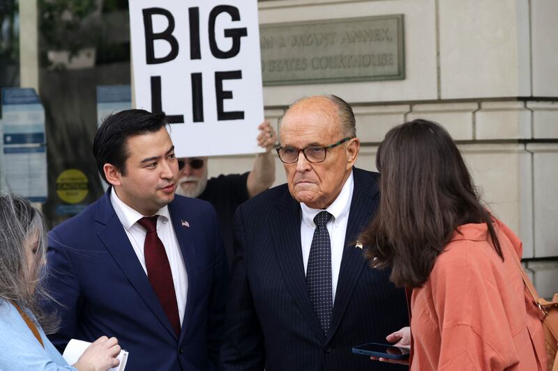 Rudy Giuliani talks to members of the press on May 19th last before leaving the US district court in Washington DC, where he was being sued for defamation by election workers Ruby Freeman and Shaye Moss of Fulton County, Georgia. Photograph: Alex Wong/Getty Images