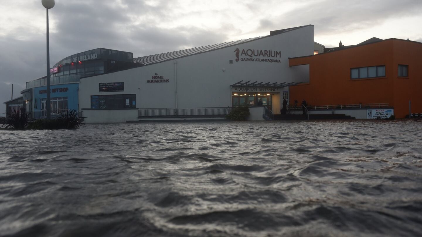 The Galway Atlantaquaria National Aquarium of Ireland building is seen submerged in floodwater during Storm Ophelia. Photograph: Reuters/Clodagh Kilcoyne