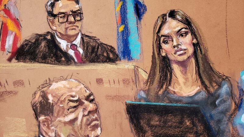 A court sketch of Talita Maia being questioned by defence lawyer Donna Rotunno during film producer Harvey Weinstein’s trial in Manhattan. File image: Jane Rosenberg/Reuters.