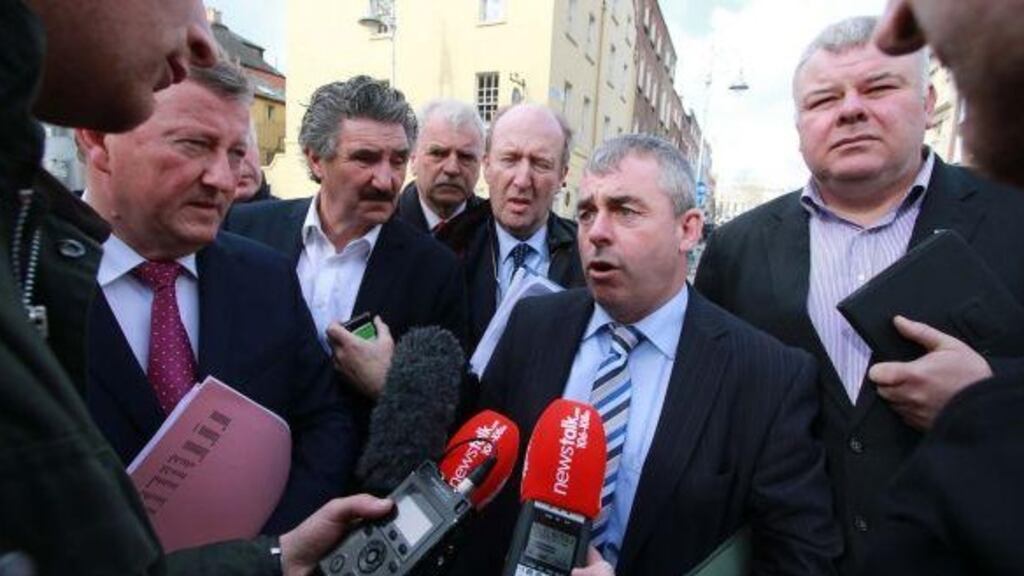 Independent Alliance members (from left) Seán Canney, John Halligan, Finian McGrath, Shane Ross, Kevin ‘Boxer’ Moran and Michael Fitzmaurice who are in talks with Fine Gael over the formation of a minority government.