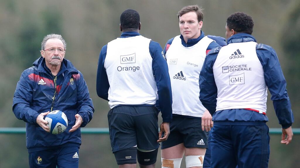 France  coach Jacques Brunel and his squad during training. They face Ireland in the Six Nations on Saturday. As my Dad would say, “They are Bob Hope’s brother . . . No Hope.” Photograph: Michel Euler/AP