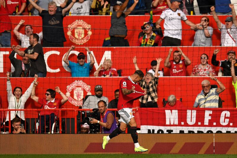 Manchester United's new signing Antony celebrates after scoring the opening goal against Arsenal. Photograph: Oli Scarff/AFP via Getty Images)