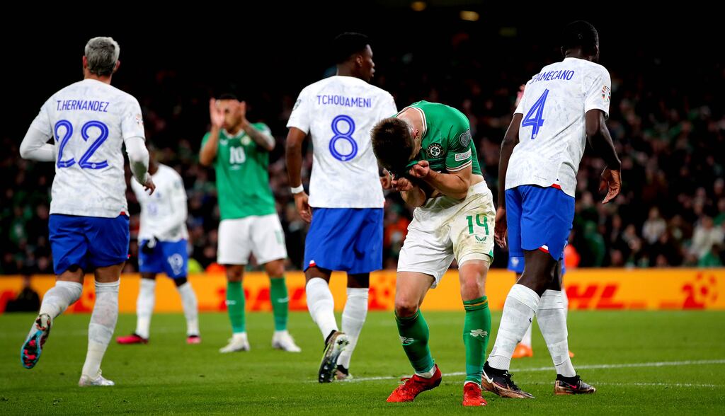 Ireland’s Jayson Molumby reacts to a missed chance during the Euro 2024 qualifier against France at the Aviva on Monday night. Photograph: Ryan Byrne/Inpho