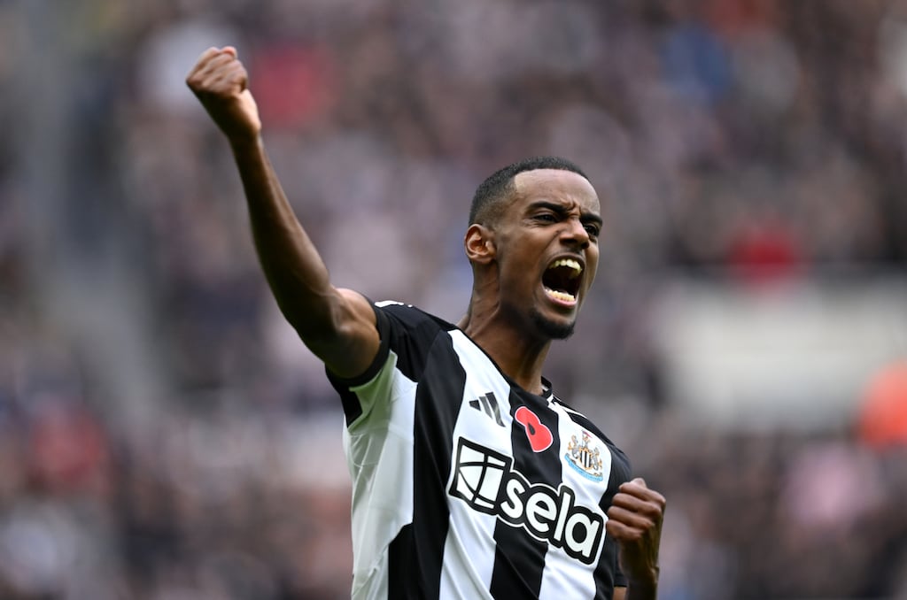 Alexander Isak celebrates scoring for Newcastle United against Arsenal in the Premier League at St James' Park. Photograph: Stu Forster/Getty Images
