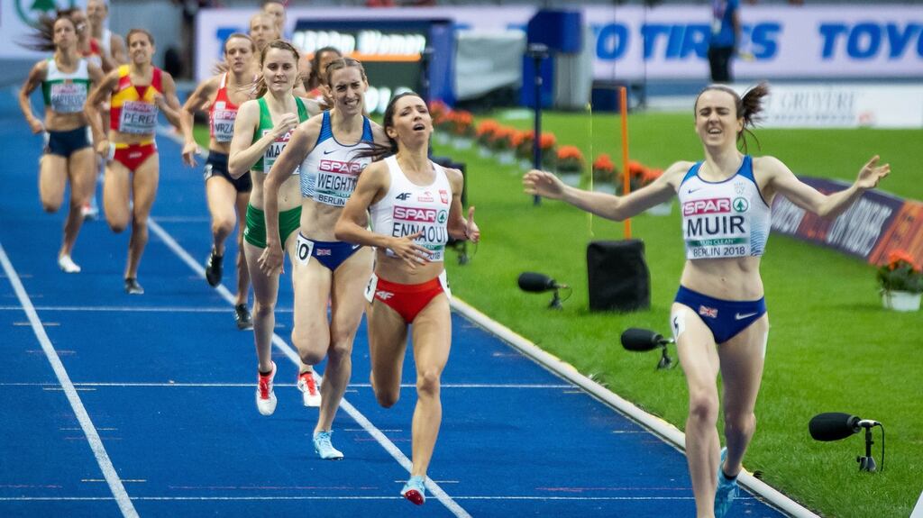 Laura Muir of Great Britain winning the Women’s 1,500m final at the 2018 European Athletics Championships in Berlin last August. Ireland’s Ciara Mageean came in fourth. Photograph: Morgan Treacy/Inpho