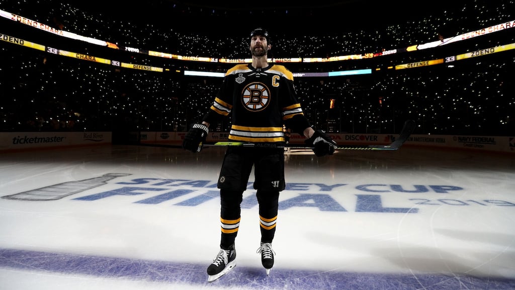 Zdeno Chara of the Boston Bruins stands on the blue line before taking on the St. Louis Blues in Game One of the 2019 Stanley Cup Finals at TD Garden in Boston, Massachusetts. Photo: Dave Sandford/NHLI via Getty Images