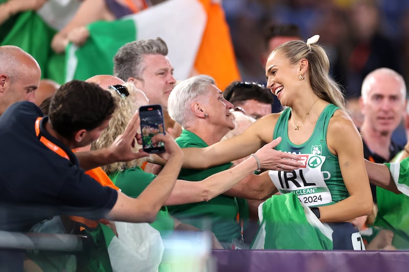 Gold medalist Sharlene Mawdsley of Team Ireland celebrates with members of the crowd after winning. Photograph: Michael Steele/Getty