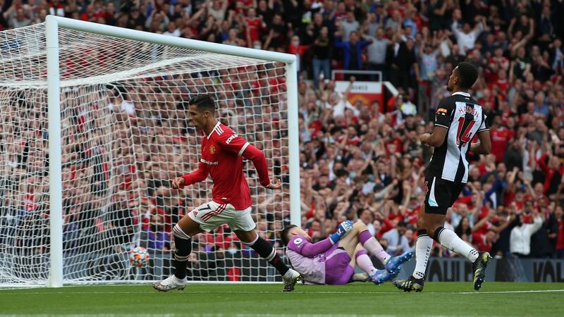 Ronaldo scores United’s second. Photo: Matthew Peters/Manchester United via Getty Images