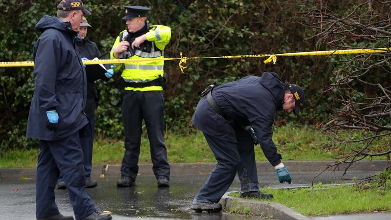 Gardaí search for evidence close to the scene of a fatal shooting at Gym Plus in Applewood Close, Swords. Photograph: Colin Keegan/Collins Dublin.