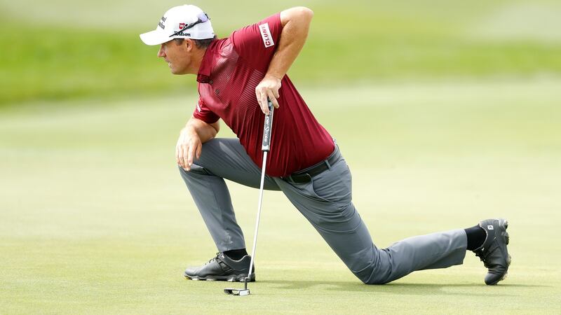 Pádraig Harrington lines up a putt on the ninth hole during the second round of the Czech Masters at Albatross Golf Resort in Prague. Photograph: Oisín Keniry/Getty Images
