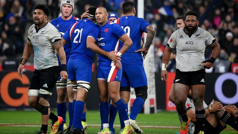 France celebrate their victory over the All Blacks at the Stade de France. Photograph: Franck Fife/Getty/AFP