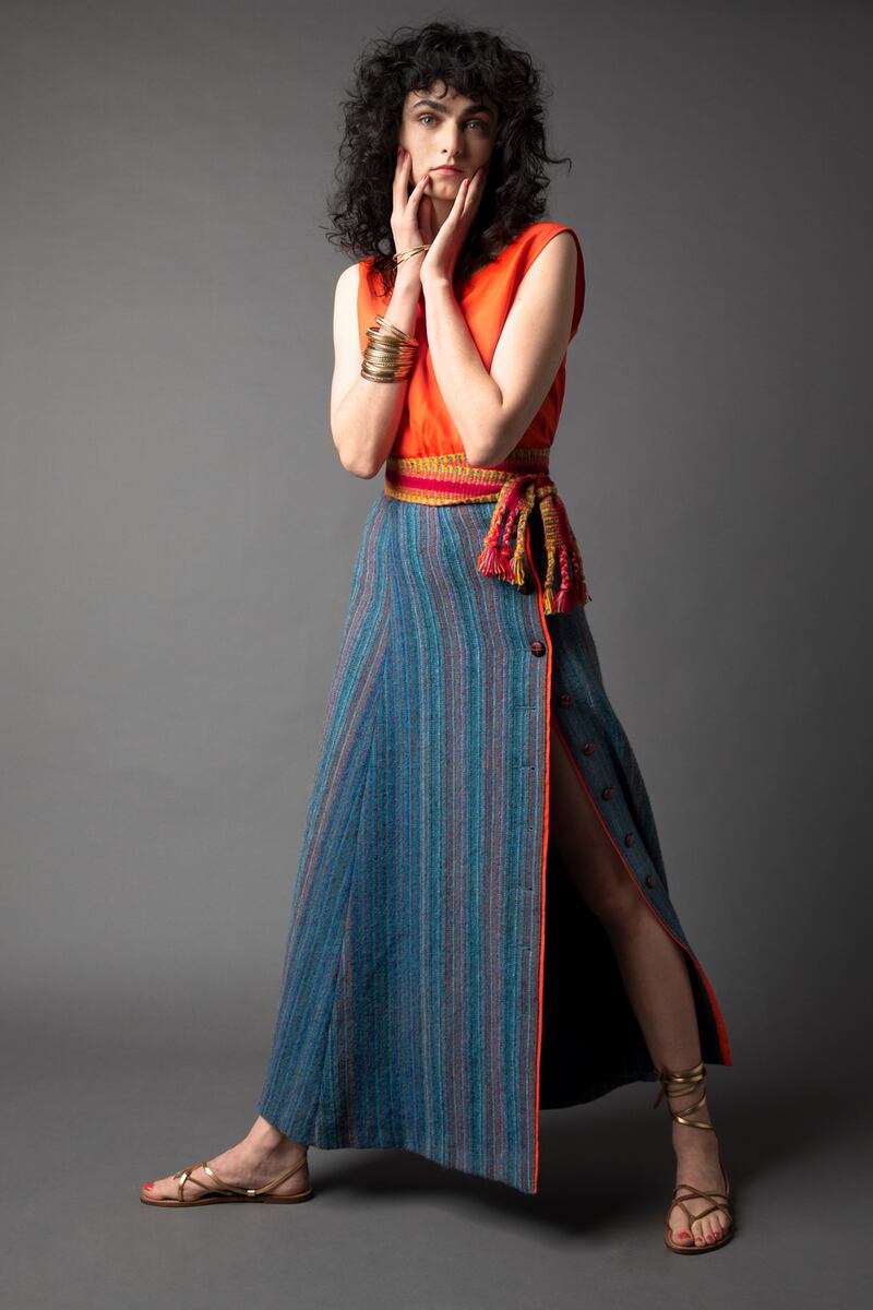 Irish linen sleeveless top made to order. Handwoven crios belt €75. Handwoven limited edition tweed skirt with traditional leather buttons, made to order. Photograph: Barry McCall