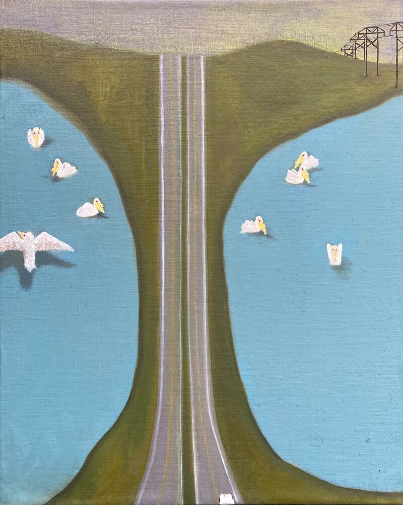 Mollie Douthit, These are the Pelicans, Oil on linen panel, 50x40cm, 2023 at Butler Gallery