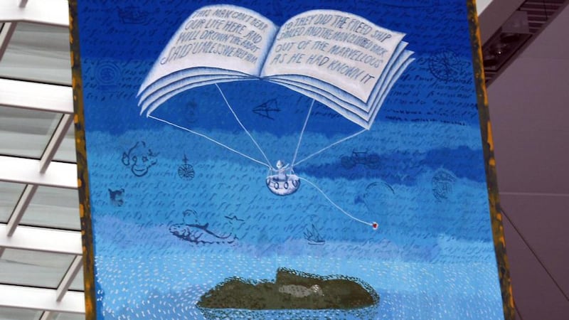 The tapestry that was unveiled in honour of Seamus Heaney at Dublin Airport yesterday.