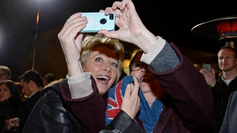 Cast member Emma Thompson (left) takes a selfie with a fan as she attends the film premiere of “Saving Mr Banks” at the Walt Disney Studios in Burbank, California, earlier this week. Photograph: Kevork Djansezian/Reuters