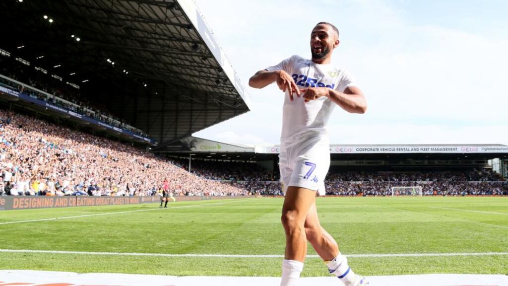 Leeds United’s Kemar Roofe celebrates scoring his side’s second goal of the game during the Sky Bet Championship match against Rotherham at Elland Road. Photograph: Richard Sellers/PA Wire