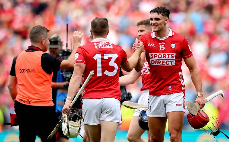 Cork’s Patrick Horgan and Brian Hayes celebrate after beating Dublin in the All-Ireland SHC semi-final at Croke Park. Photograph: Ryan Byrne/Inpho