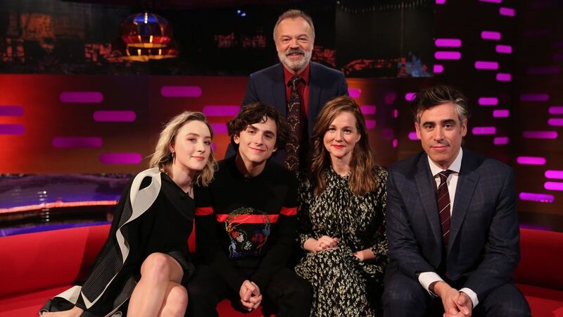 Graham Norton with Saoirse Ronan, Timothée Chalamet, Laura Linney and Stephen Mangan.