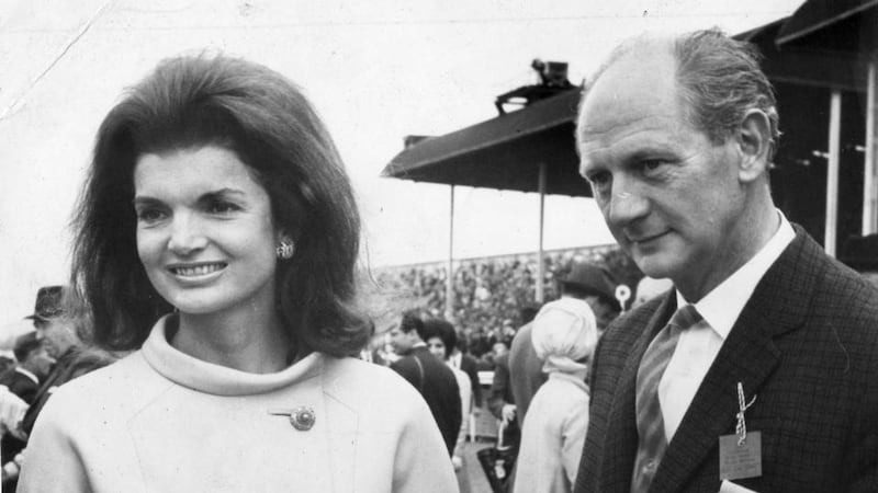 Mrs Jacqueline Kennedy with the taoiseach Mr Lynch, at the Irish Derby in the Curragh in 1967. Saturday. Photograph: Dermot Barry / The Irish TImes