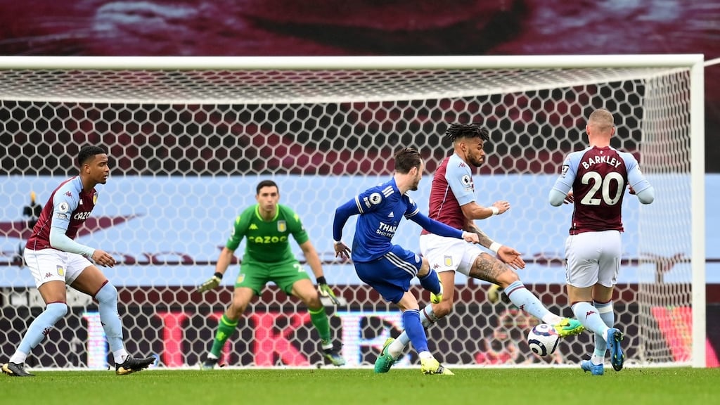 Leicester City’s James Maddison scores the opening goal at Villa Park. Photograph: PA