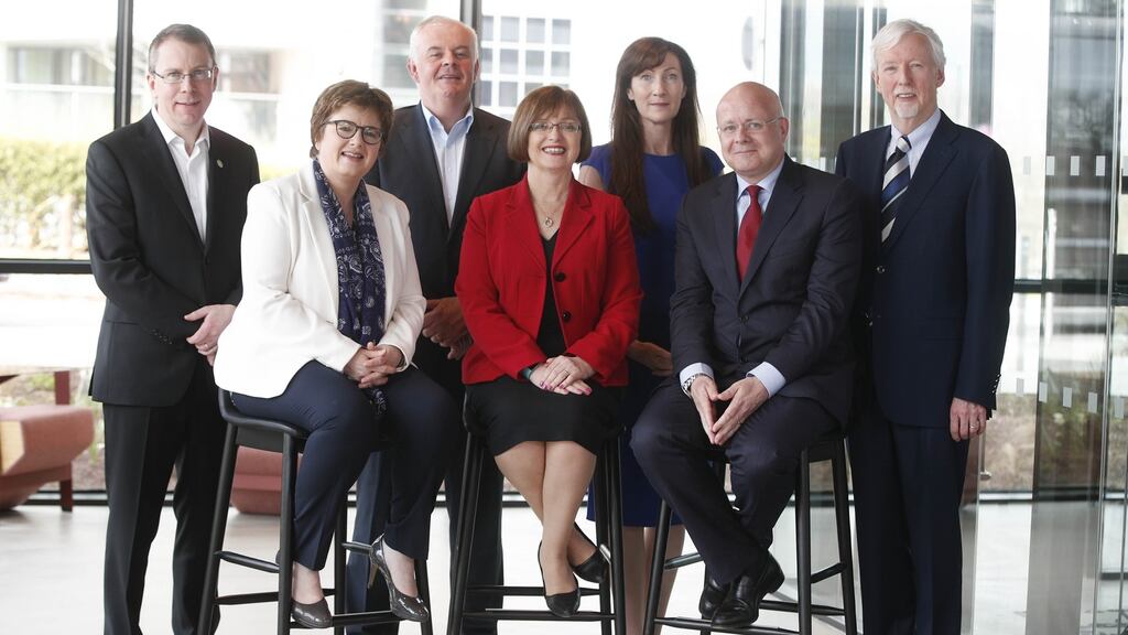 The judges for the Irish Times Business Awards, from left to right: Martin McVicar, managing director of Combilift; Margot Slattery, country president for Sodexo Ireland; Mark Ryan, a non-executive director; Cathriona Hallahan, managing director of Microsoft Ireland; Caroline Keeling, chief executive of Keelings; Shaun Murphy, managing partner of KPMG, and Dr John Hegarty, chairman of The Irish Times Trust