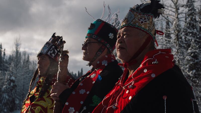 Hereditary chiefs  during a news conference at the Gitdumden checkpoint near Houston, British Columbia, Canada. Photograph: Amber Bracken/The New York Times