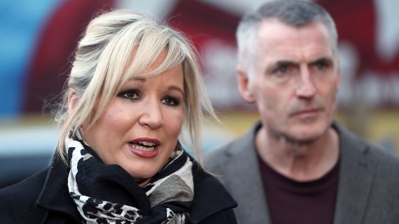 Michelle O’Neill and Declan Kearney speaking outside Sinn Féin’s headquarters on the Falls Road, Belfast last week. Photograph: Niall Carson/PA Wire
