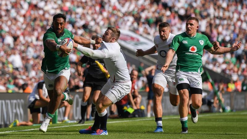 Bundee Aki scores a late consolation try for Ireland at Twickenham. Photograph: David Ramos/Getty