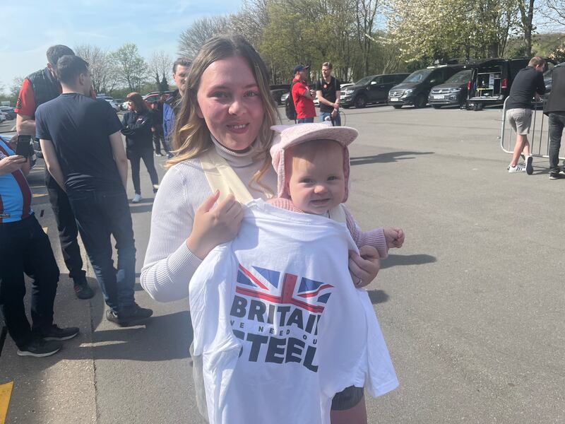 Kerensa Smith and baby Ottilie, after the Unite Union march to Glanford Park in support of Scunthorpe's steel workers. Photograph: Mark Paul