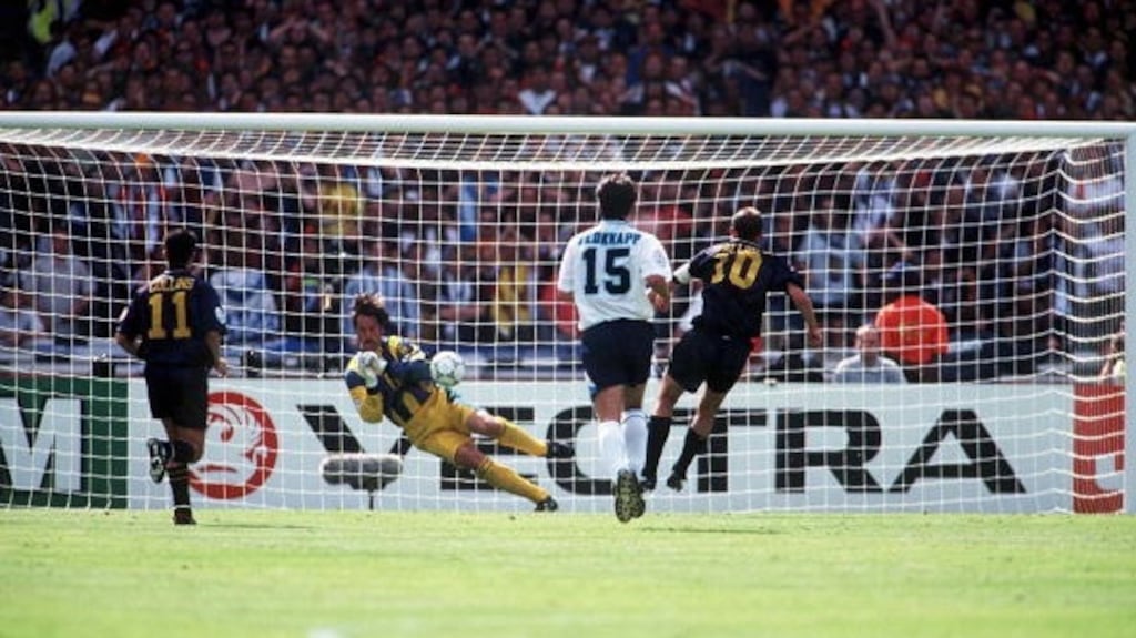 Gary McAllister sees his penalty saved by David Seaman. Photograph: Getty