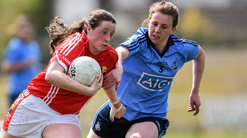 Cork’s Aine O’Sullivan is tackled by Muireann Ni Scannaill of Dublin at St Brendan’s Park, Birr. Photograph: Sportsfile
