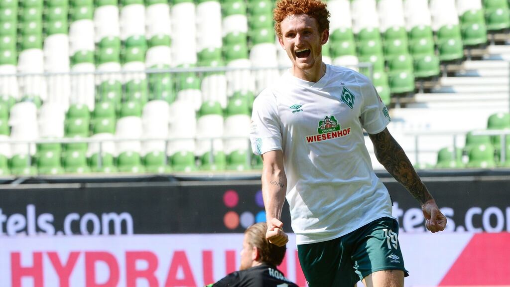 Josh Sargent celebrates opening the scoring as Werder Bremen survived automatic relegation on the final day. Photograph: Patrik Stollarz/Getty/AFP