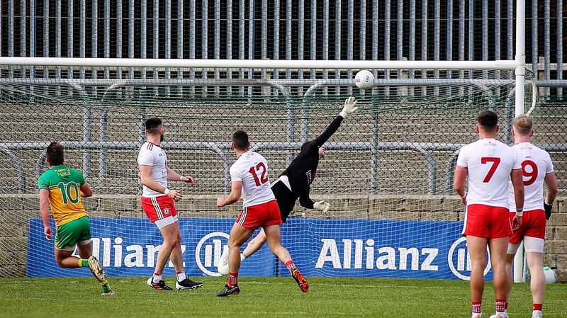 Donegal’s Peadar Mogan scores a goal during their Allianz League win over Tyrone two weeks ago. Photo: Lorcan Doherty/Inpho