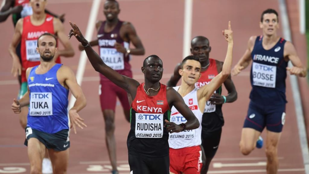 Kenya’s David Lekuta Rudisha celebrates winning the final of the men’s 800 metres athletics event at the 2015 IAAF World Championships at the “Bird’s Nest” National Stadium in Beijing. Photograph: Getty Images
