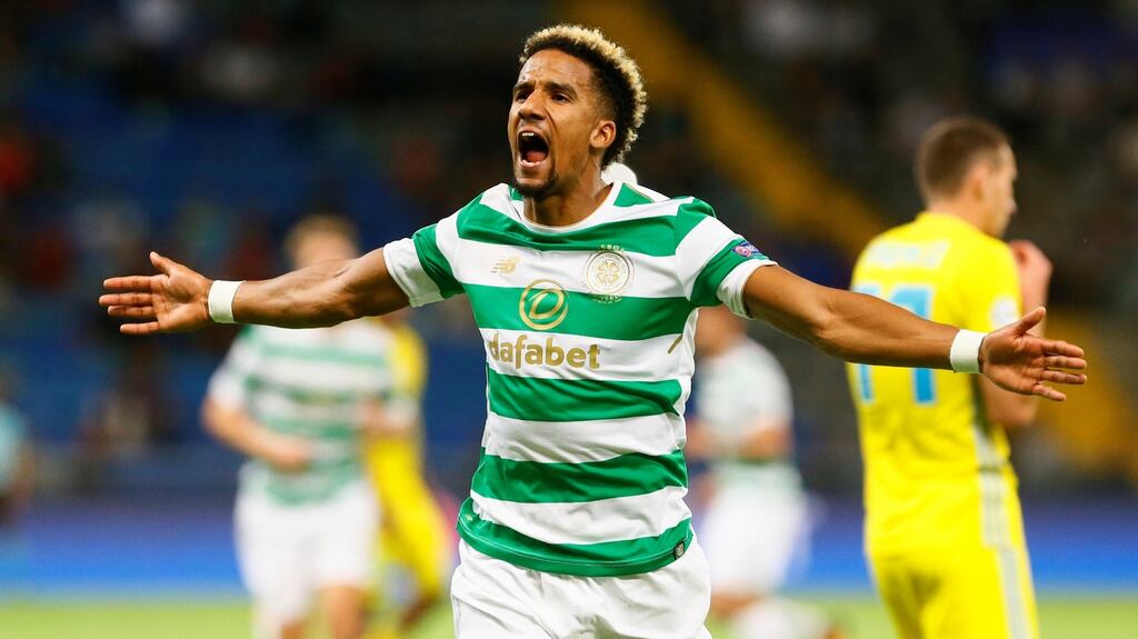 Celtic’s Scott Sinclair celebrates his fine goal. Photograph: Reuters