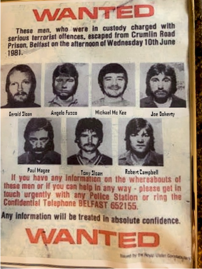 Former IRA man Joe Doherty in the top right photograph of a 'Wanted' poster seeking information about escapees from the Crumlin Road Gaol in 1981