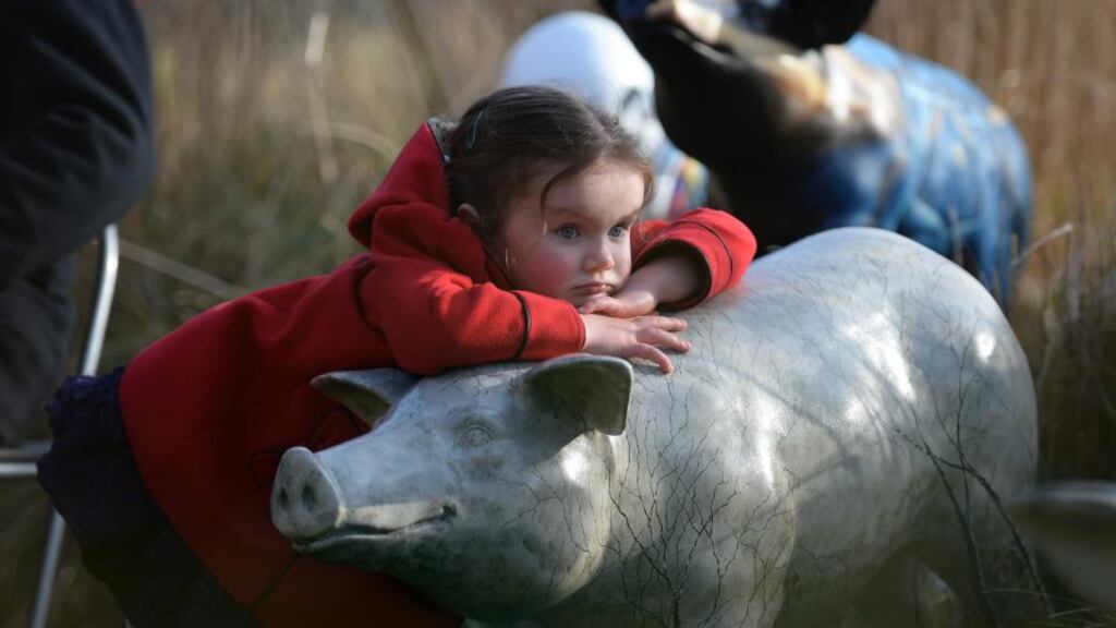 Emma Farrell from Charlestown, Finglas, leans on one of 100 pigs before the start tomorrow of the Jack and Jill Childrens Foundation Pigs on Parade, an event which will take place around Dublin city in February and March.Photograph: Cyril Byrne