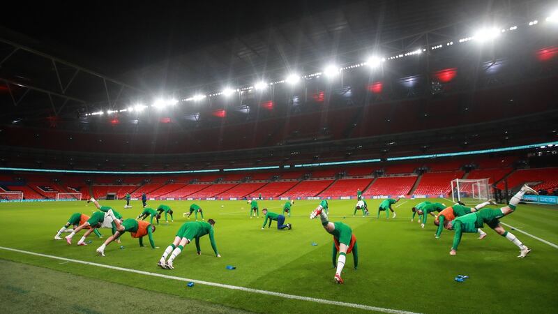 The Ireland team warm-up ahead of their friendly defeat to England. Photograph: Tommy Dickson/Inpho